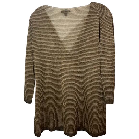Eileen Fisher Metallic Striped Lightweight Draped Cowl Neck Knit Top Tan Gold L - Picture 5 of 8